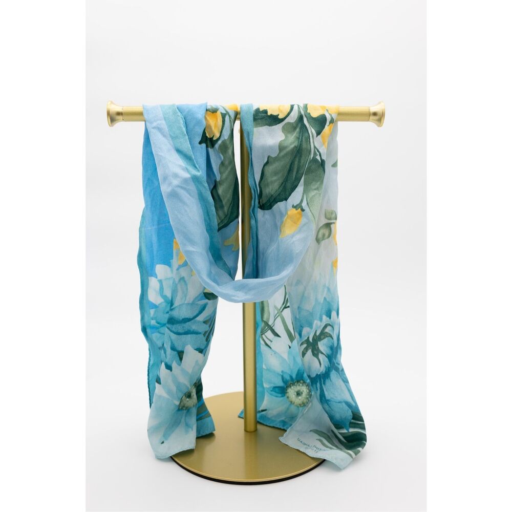 Adrienne Landau Studio Sheer Blue Floral Scarf Botanical Print‎ Lightweight